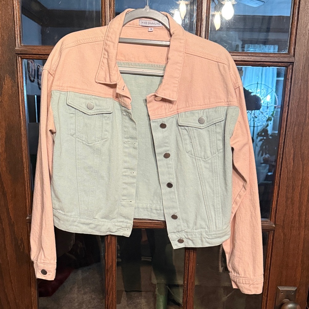 Miss Sparkling Womens Colorblock Denim Jacket Pink Mint Green Pastel Size M